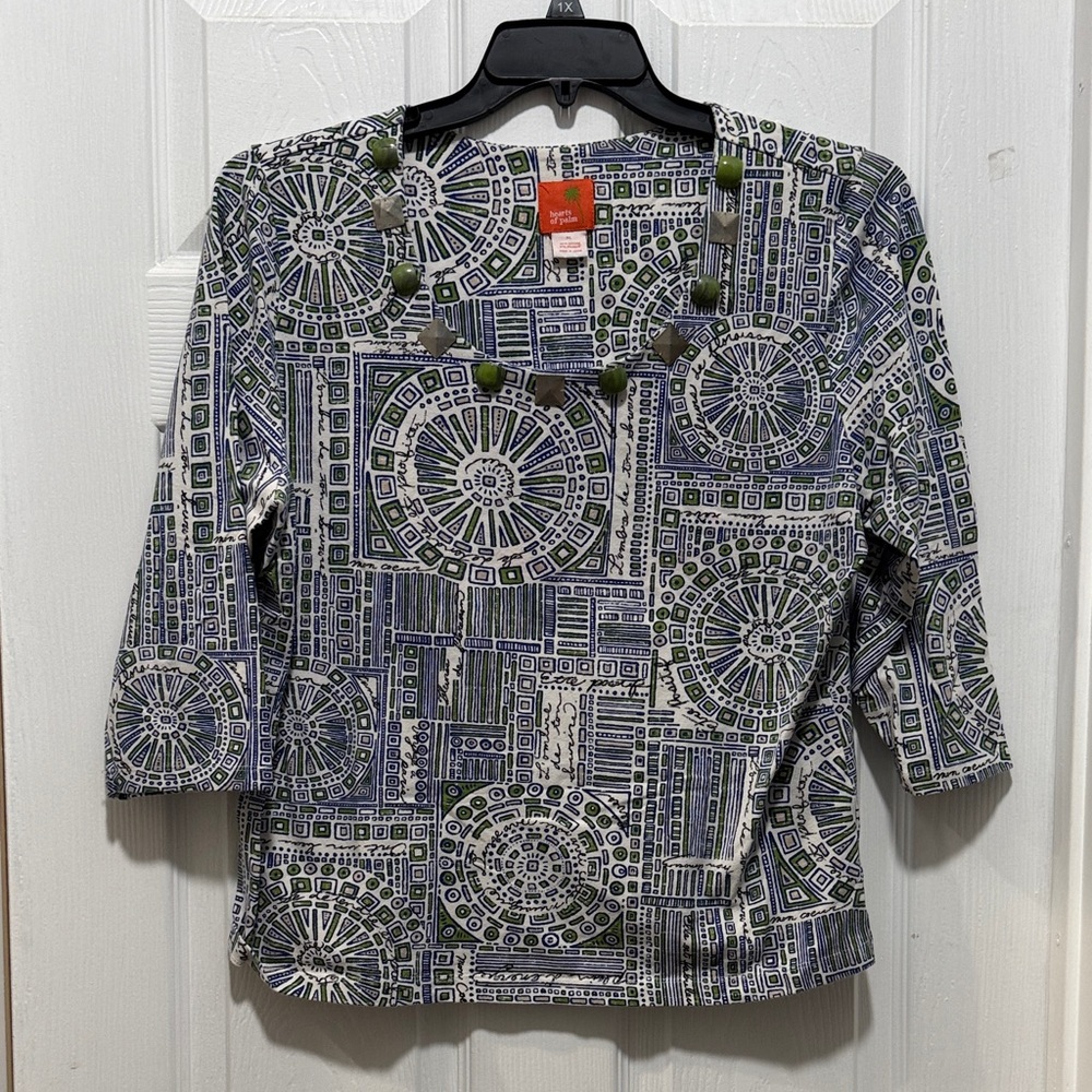 Hearts of Palm Blue and Green Embellished Geometric Long Sleeve Top
